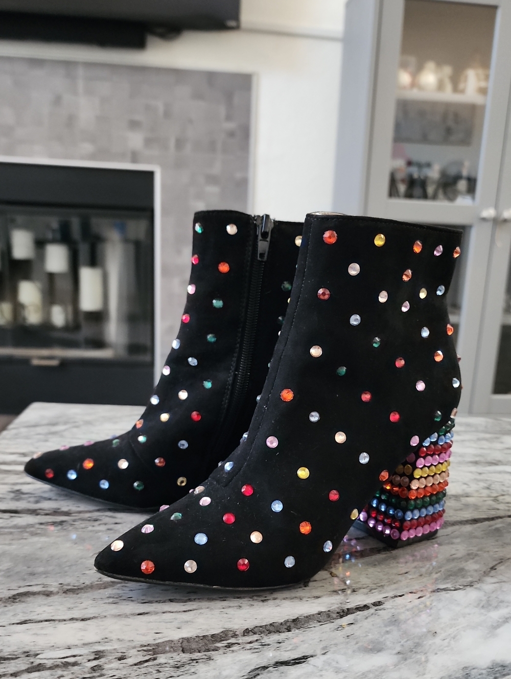 Betsey Johnson Kaydence Block Heel Ankle Boots with Rainbow Rhinestones, Size 5